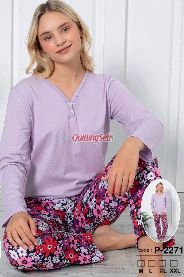 lila renk, v yakalı, uzun kollu ve pamuklu kumaş teknur 2271  kadın pijama takımı, qs-teknur-p2271-m, teknur pijama takımı, Teknur