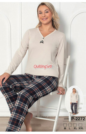 Krem  Renk, V Yakalı, Uzun Kollu ve Pamuklu Kumaş Teknur 2272  Kadın Pijama Takımı