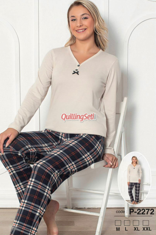 krem  renk, v yakalı, uzun kollu ve pamuklu kumaş teknur 2272  kadın pijama takımı, qs-teknur-p2272-m, teknur pijama takımı, Teknur