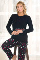siyah renk, düğmeli yuvarlak yaka, uzun kollu ve pamuklu kumaş teknur 2281  kadın pijama takımı, qs-teknur-p2281-m, teknur pijama takımı, Teknur