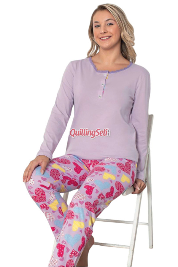 lila renk, düğmeli yuvarlak yaka, uzun kollu ve pamuklu kumaş teknur 2283  kadın pijama takımı, qs-teknur-p2283-m, teknur pijama takımı, Teknur