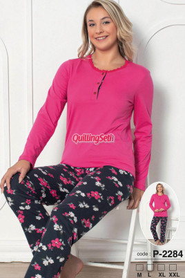 Pembe Renk, Düğmeli Yuvarlak Yaka, Uzun Kollu ve Pamuklu Kumaş Teknur 2284  Kadın Pijama Takımı
