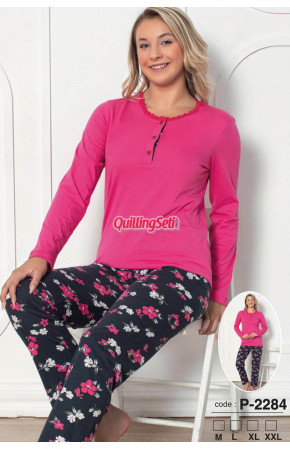 Pembe Renk, Düğmeli Yuvarlak Yaka, Uzun Kollu ve Pamuklu Kumaş Teknur 2284  Kadın Pijama Takımı