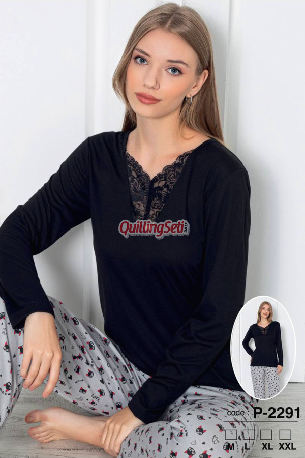 siyah renk, v yaka, uzun kollu ve pamuklu kumaş teknur 2291  kadın pijama takımı, qs-teknur-p2291-m, teknur pijama takımı, Teknur