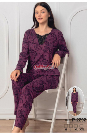 Mürdüm Renk, V Yaka, Uzun Kollu ve Pamuklu Kumaş Teknur 2292  Kadın Pijama Takımı