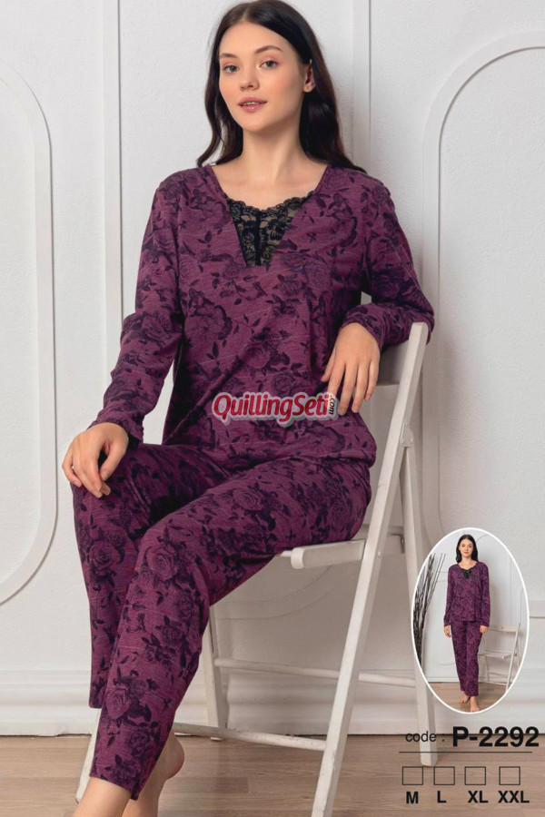 mürdüm renk, v yaka, uzun kollu ve pamuklu kumaş teknur 2292  kadın pijama takımı, qs-teknur-p2292-m, teknur pijama takımı, Teknur