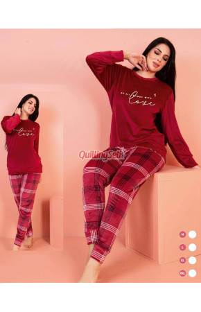 Kadife Kumaş Jenika 57031 Kırmızı Ekose Desenli Kadın Pijama Takımı,