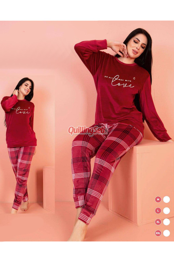 kadife kumaş jenika 57031 kırmızı ekose desenli kadın pijama takımı,  jenika-57031, kısa kollu pijama takımları, Jenika