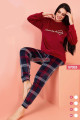 kadife kumaş jenika 57033 kırmızı - siyah ekose desenli kadın pijama takımı,  jenika-57033, kısa kollu pijama takımları, Jenika