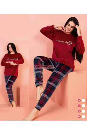 Kadife Kumaş Jenika 57033 Kırmızı - Siyah Ekose Desenli Kadın Pijama Takımı,