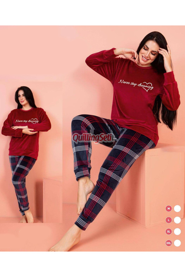kadife kumaş jenika 57033 kırmızı - siyah ekose desenli kadın pijama takımı,  jenika-57033, kısa kollu pijama takımları, Jenika