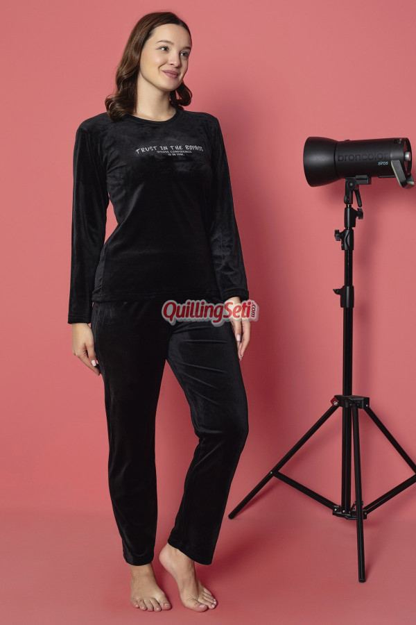 kadife kumaş teknur 52204 siyah sade düz renkli bayan kadife pijama takımı, 8509990003586, teknur pijama takımı, Teknur