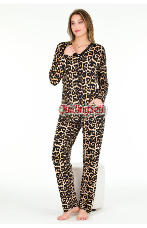 Leopar Desenli Lady 11650 Kadın Uzun Kol ve Düğmeli Pijama Takımı