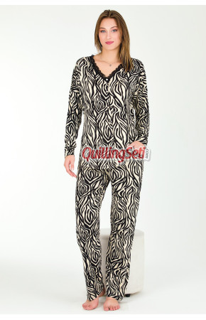 Zebra Desenli Lady 11652 Kadın Uzun Kol ve Düğmeli Pijama Takımı