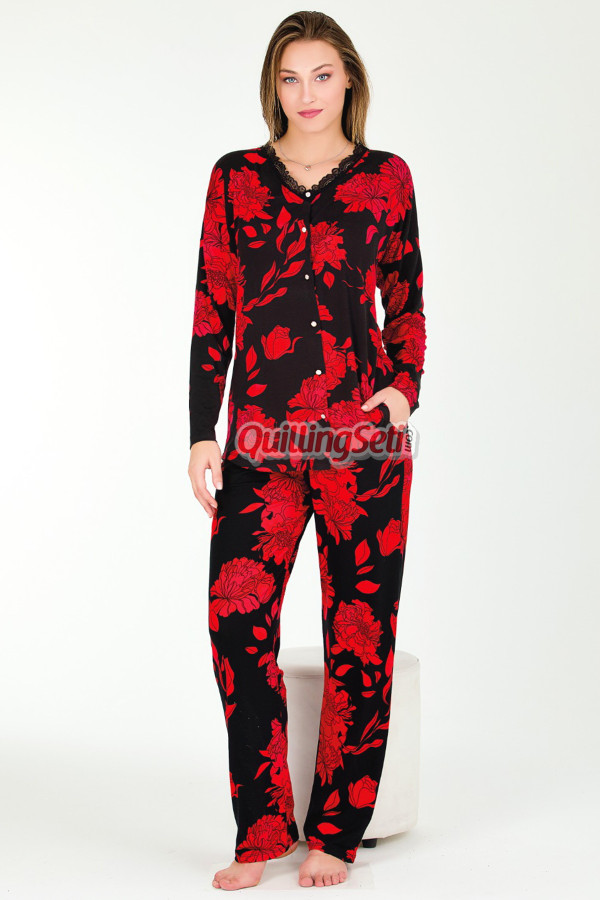 kırmızı - siyah renk, çiçek desenli lady 11654 kadın uzun kol ve düğmeli pijama takımı, qs-lady-11654-m, lady pijama takımı, Lady