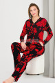 kırmızı - siyah renk, çiçek desenli lady 11654 kadın uzun kol ve düğmeli pijama takımı, qs-lady-11654-m, lady pijama takımı, Lady