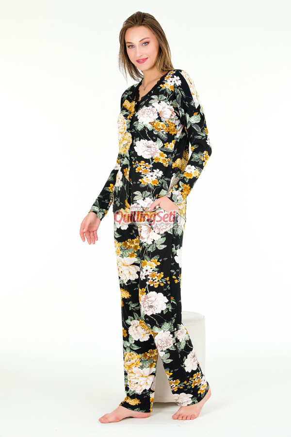 çiçek desenli ve çok renkli lady 11655 kadın uzun kol ve düğmeli pijama takımı, 8509990005290, lady pijama takımı, Lady