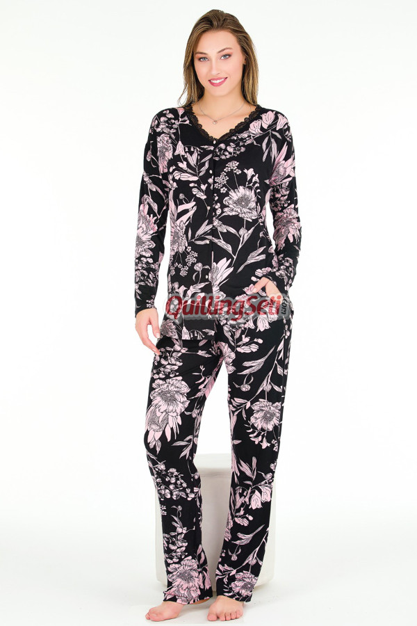 çiçek desenli ve pudra - siyah renk lady 11656 kadın uzun kol ve düğmeli pijama takımı, qs-lady-11656-m, lady pijama takımı, Lady