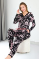 çiçek desenli ve pudra - siyah renk lady 11656 kadın uzun kol ve düğmeli pijama takımı, qs-lady-11656-m, lady pijama takımı, Lady