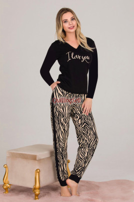 Zebra Desenli ve Siyah Renkli Lady 11660 Kadın Uzun Kol Pijama Takımı