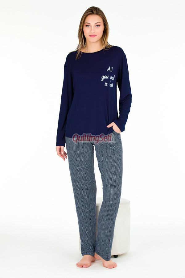 desenli ve lacivert renkli lady 11673 kadın uzun kol pijama takımı, 8509990005337, lady pijama takımı, Lady