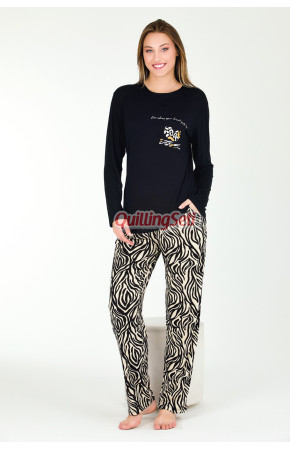 Zebra Desenli ve Siyah Renkli Lady 11667 Kadın Uzun Kol Düğmeli Pijama Takımı