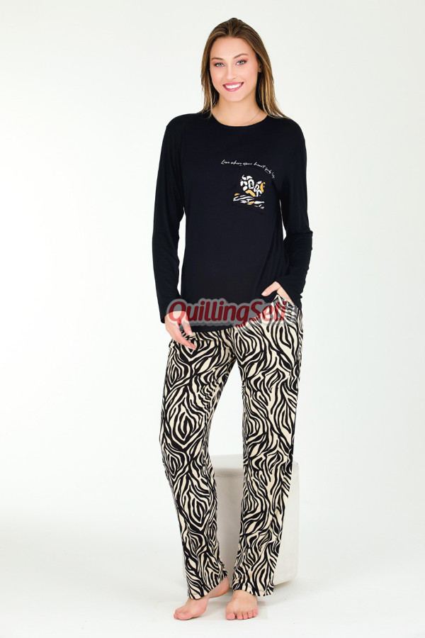 zebra desenli ve siyah renkli lady 11667 kadın uzun kol düğmeli pijama takımı, qs-lady-11656-m, lady pijama takımı, Lady