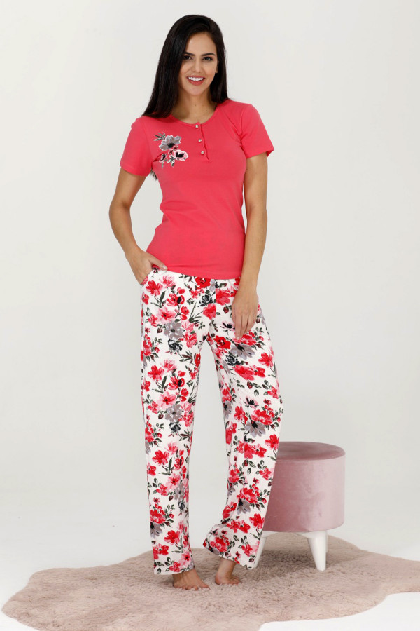 fuşya renk ve çiçek desenli 12531 kısa kol kadın lady pijama takımı, eli̇t0012531-m, bayan pijama takımı, ELİT0012531-M