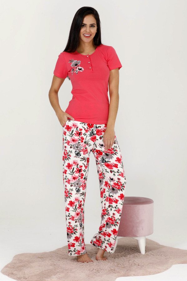 fuşya renk ve çiçek desenli 12531 kısa kol kadın lady pijama takımı, eli̇t0012531-m, bayan pijama takımı, Lady