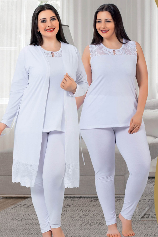 jenika 23052 beyaz renk büyük beden sabahlıklı pijama takımı, jenikabttlsbhlklpjmtkm23052, jenika pijama takımı, Jenika