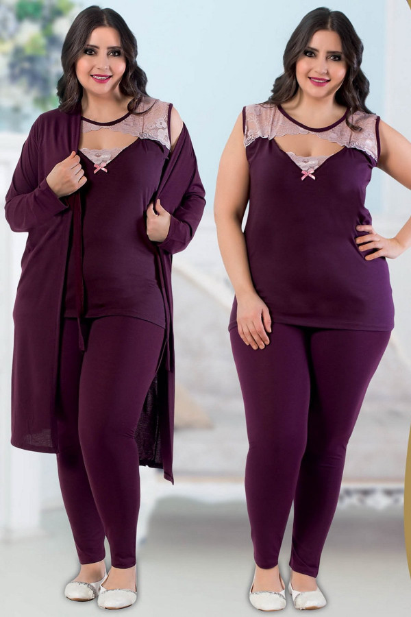 jenika 24430 mürdüm renk büyük beden sabahlıklı pijama takımı, jenikabttlsbhlklpjmtkm24430, jenika pijama takımı, Jenika