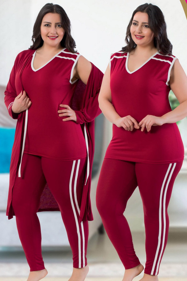 jenika 24436 bordo renk büyük beden sabahlıklı pijama takımı, jenikabttlsbhlklpjmtkm24436, jenika pijama takımı