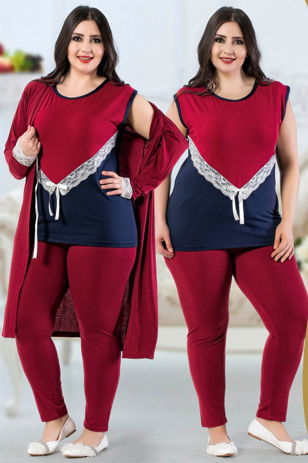jenika 24442 bordo renk büyük beden sabahlıklı pijama takımı, jenikabttlsbhlklpjmtkm24442, jenika pijama takımı, Jenika