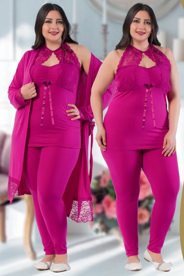 jenika 24448 fuşya renk büyük beden sabahlıklı pijama takımı, jenikabttlsbhlklpjmtkm24448, jenika pijama takımı, Jenika
