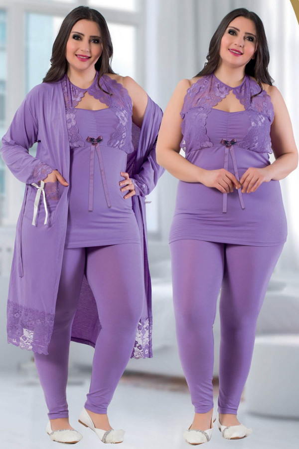 jenika 24451 lila renk büyük beden sabahlıklı pijama takımı, jenikabttlsbhlklpjmtkm24451, jenika pijama takımı