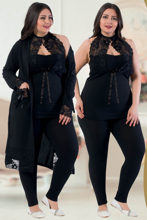 jenika 24455 siyah renk büyük beden sabahlıklı pijama takımı, jenikabttlsbhlklpjmtkm24455, jenika pijama takımı, Jenika