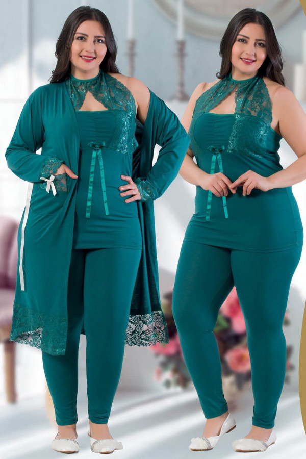 jenika 24457 yeşil renk büyük beden sabahlıklı pijama takımı, jenikabttlsbhlklpjmtkm24457, jenika pijama takımı, Jenika