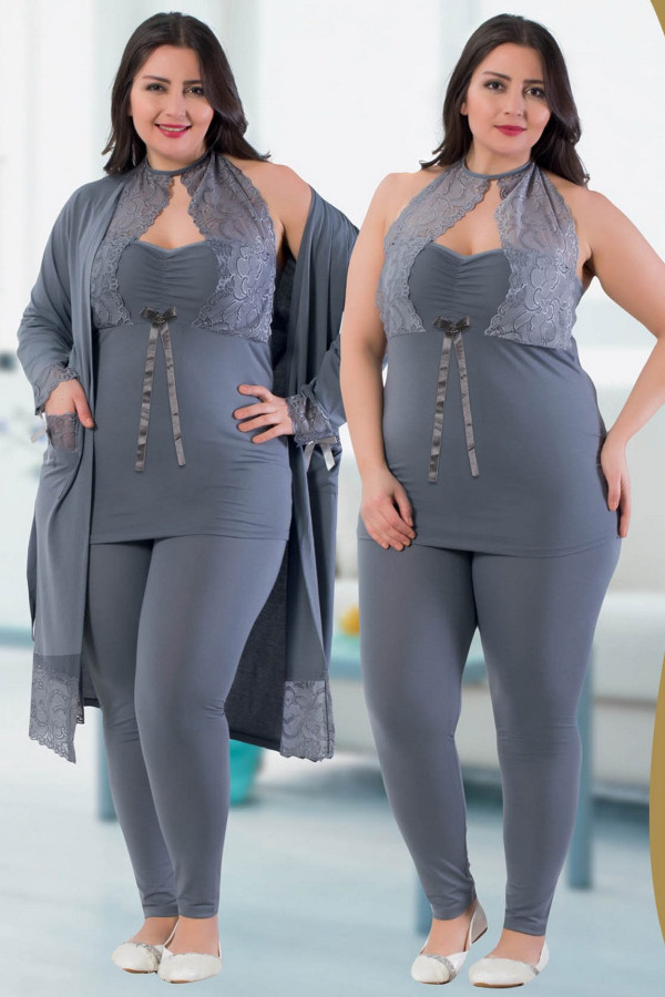 jenika 24462 gri renk büyük beden sabahlıklı pijama takımı, jenikabttlsbhlklpjmtkm24462, jenika pijama takımı, Jenika