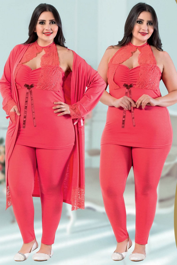 jenika 24463 kırmızı renk büyük beden sabahlıklı pijama takımı, jenikabttlsbhlklpjmtkm24463, jenika pijama takımı, Jenika