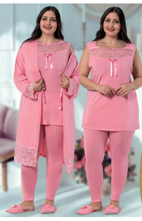 Jenika 29264 Açık Pembe Renk Büyük Beden Sabahlıklı Pijama Takımı