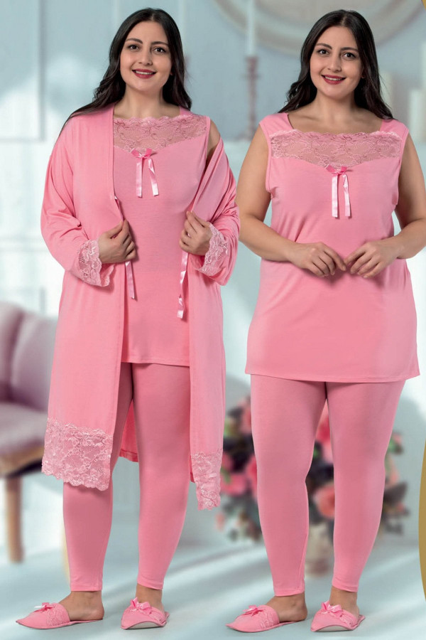 jenika 29264 açık pembe renk büyük beden sabahlıklı pijama takımı, jenikabttlsbhlklpjmtkm29264, jenika pijama takımı, Jenika