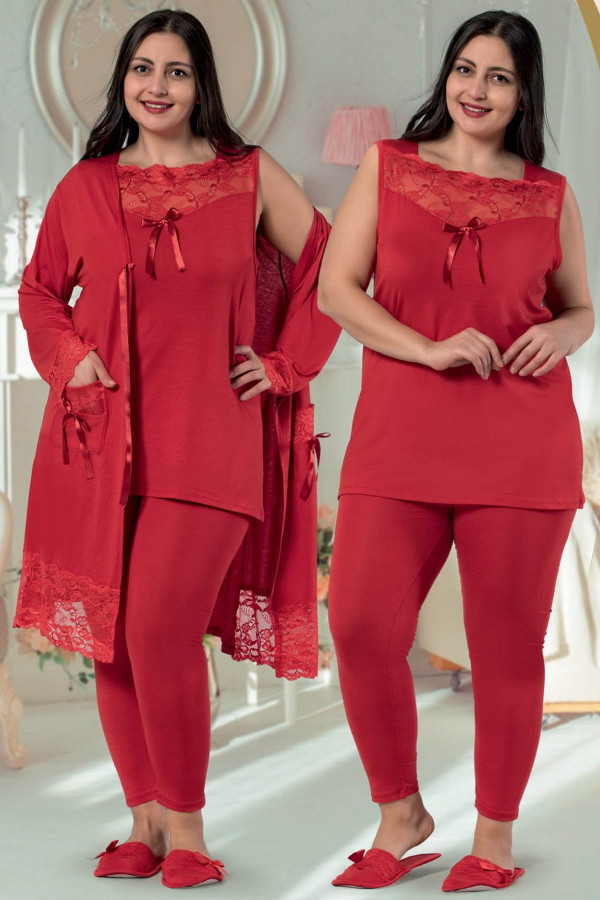 jenika 29272 kırmızı renk büyük beden sabahlıklı pijama takımı, jenikabttlsbhlklpjmtkm29272, jenika pijama takımı, Jenika