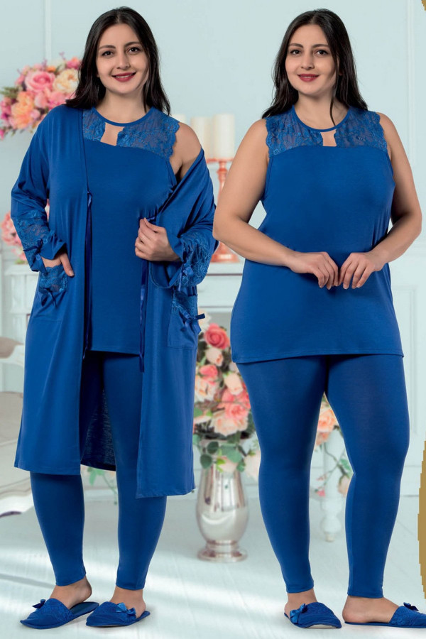 jenika 29274 mavi renk büyük beden sabahlıklı pijama takımı, jenikabttlsbhlklpjmtkm29274, jenika pijama takımı, Jenika