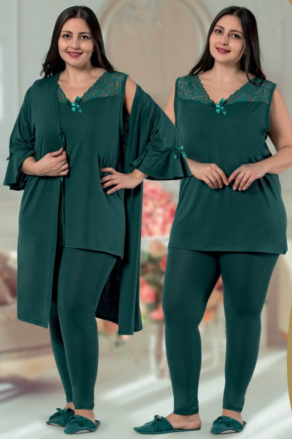 jenika 29280 yeşil renk büyük beden sabahlıklı pijama takımı, jenikabttlsbhlklpjmtkm29280, jenika pijama takımı, Jenika