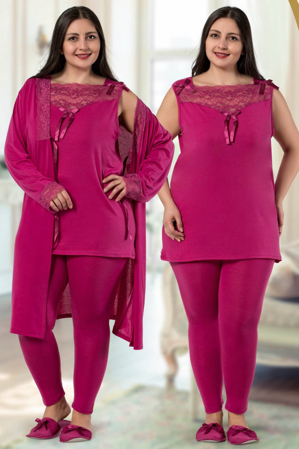 jenika 29281 fuşya renk büyük beden sabahlıklı pijama takımı, jenikabttlsbhlklpjmtkm29281, jenika pijama takımı, Jenika