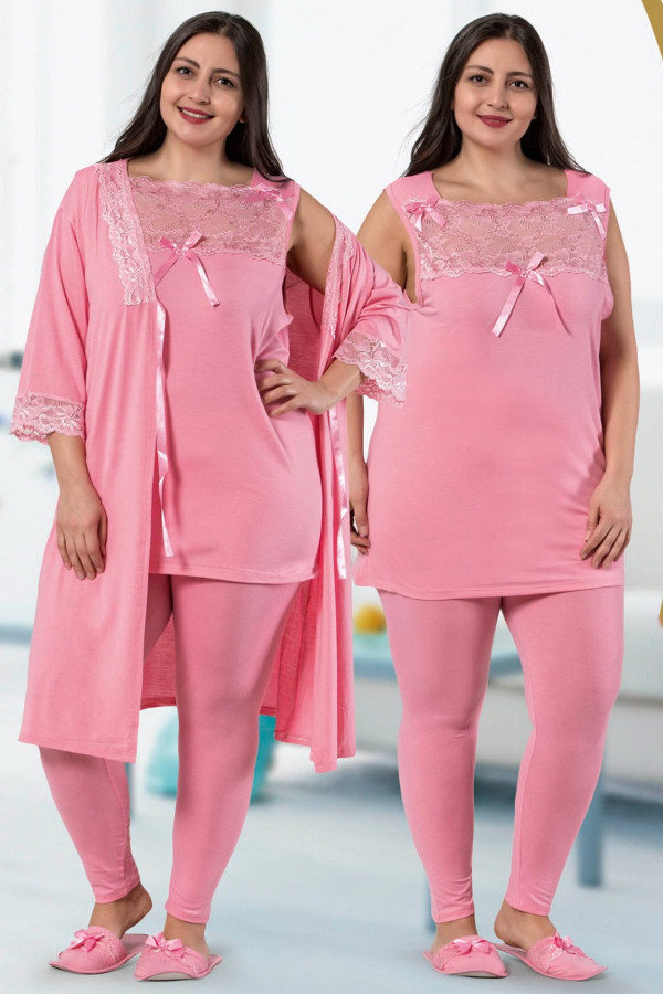 jenika 29289 açık pembe renk büyük beden sabahlıklı pijama takımı, jenikabttlsbhlklpjmtkm29289, jenika pijama takımı, Jenika