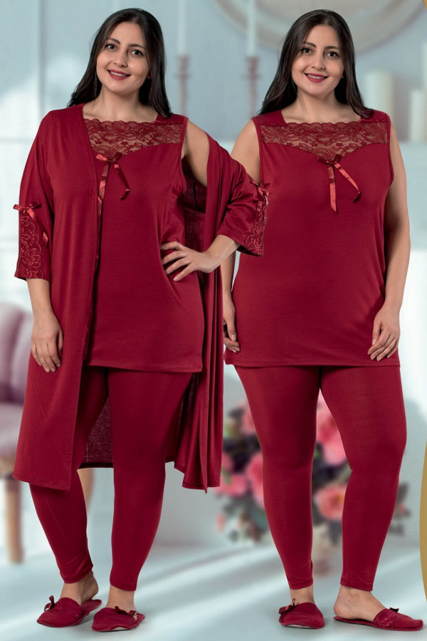 jenika 29290 bordo renk büyük beden sabahlıklı pijama takımı, jenikabttlsbhlklpjmtkm29290, jenika pijama takımı, Jenika
