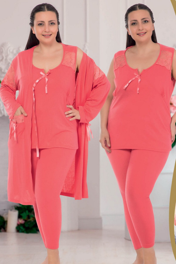 jenika 34689 kırmızı renk büyük beden sabahlıklı pijama takımı, jenikabttlsbhlklpjmtkm34689, jenika pijama takımı, Jenika