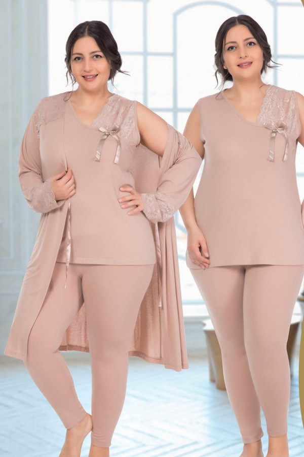 jenika 34702 açık kahve renk büyük beden sabahlıklı pijama takımı, jenikabttlsbhlklpjmtkm34702, jenika pijama takımı, Jenika