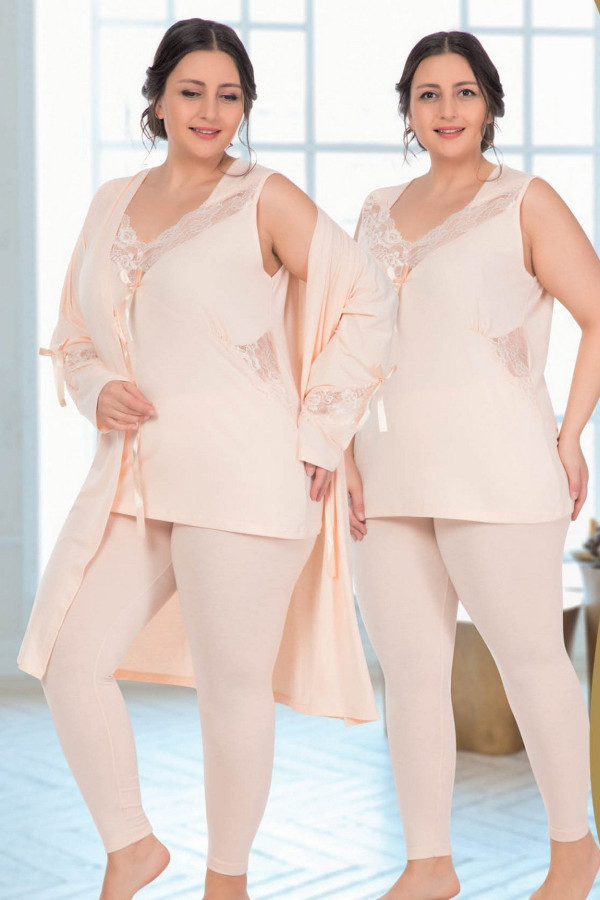 jenika 34707 krem renk büyük beden sabahlıklı pijama takımı, jenikabttlsbhlklpjmtkm34707, jenika pijama takımı, Jenika